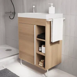 GoodHome Ensemble meuble vasque faible profondeur effet bois avec porte-serviettes l.65 x H.82 x P.36 cm + plan vasque résine blanc + miroir, Maza
