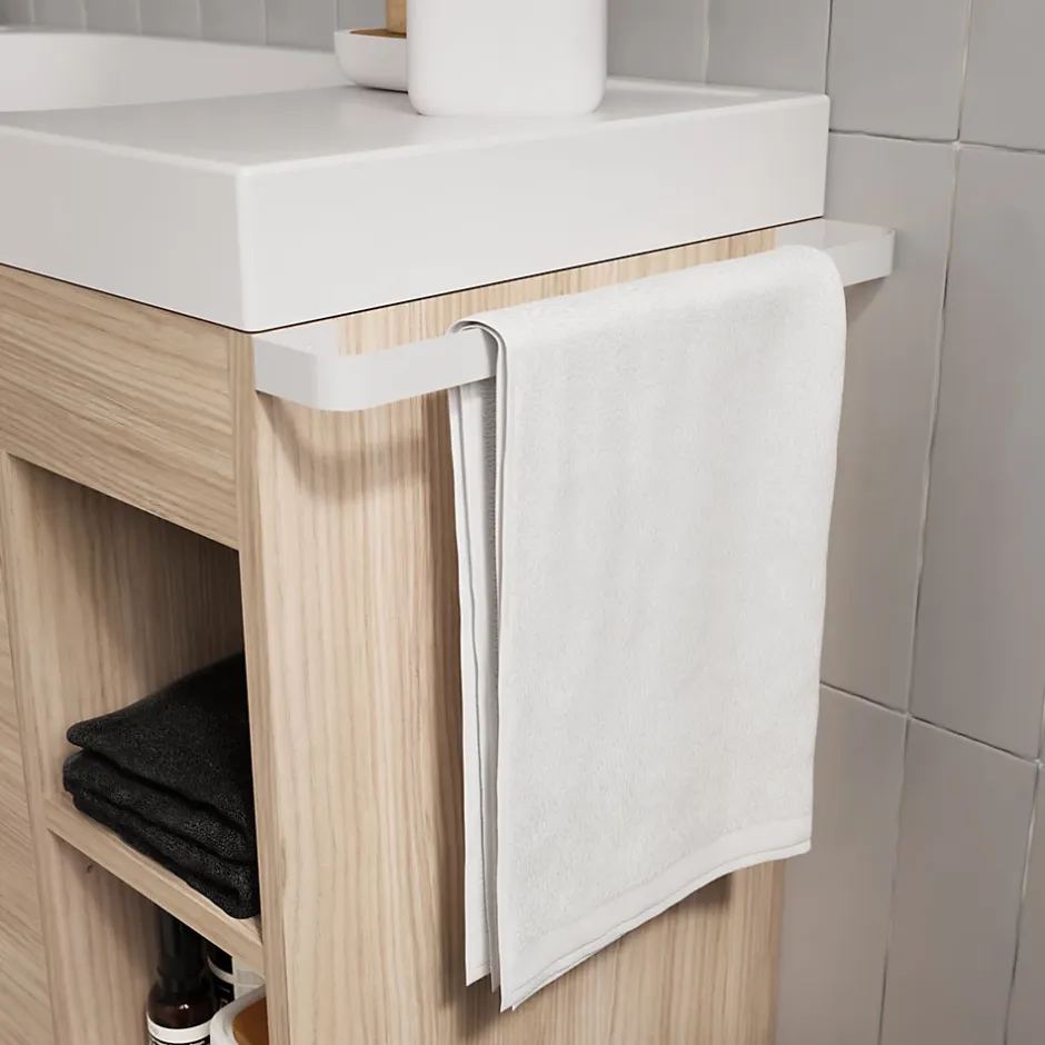 GoodHome Ensemble meuble vasque faible profondeur effet bois avec porte-serviettes l.85 x H.82 x P.36 cm + plan vasque résine blanc + miroir, Maza