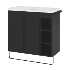 GoodHome Ensemble meuble vasque faible profondeur noir avec porte-serviettes l.85 x H.82 x P.36 cm + plan vasque blanc résine + miroir, Maza* Meuble Vasque|Ensemble Meuble De Salle De Bains