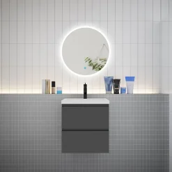 AICA Sanitaire Ensemble meuble vasque L.50cm 2 tiroirs + lavabo + LED miroir rond 60cm,anthracite