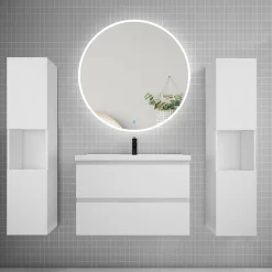 AICA Sanitaire Ensemble meuble vasque L.80cm 2 tiroirs + lavabo + LED miroir rond 90cm + 2 colonne,blanc A