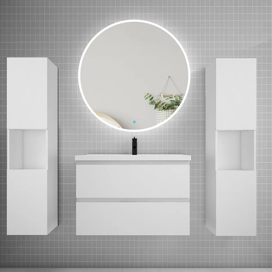 AICA Sanitaire Ensemble meuble vasque L.80cm 2 tiroirs + lavabo + LED miroir rond 90cm + 2 colonne,blanc A