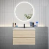 AICA Sanitaire Ensemble meuble vasque L.80cm 2 tiroirs + lavabo + LED miroir rond 80cm,chêne