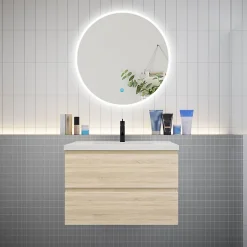 AICA Sanitaire Ensemble meuble vasque L.80cm 2 tiroirs + lavabo + LED miroir rond 80cm,chêne