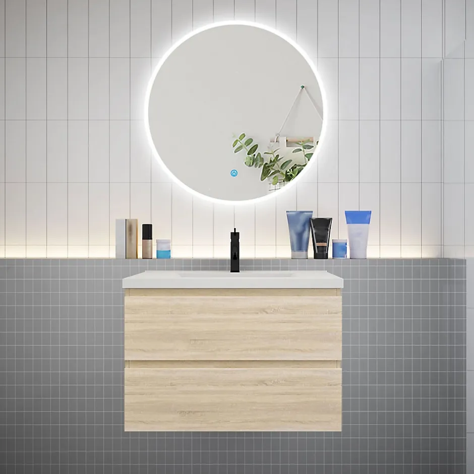 AICA Sanitaire Ensemble meuble vasque L.80cm 2 tiroirs + lavabo + LED miroir rond 80cm,chêne