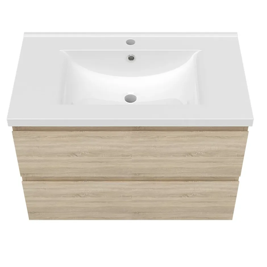 AICA Sanitaire Ensemble meuble vasque L.80cm 2 tiroirs + lavabo + LED miroir rond 80cm,chêne