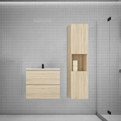 AICA Sanitaire Ensemble meuble vasque L.60cm chêne 2 tiroirs + lavabo + colonne