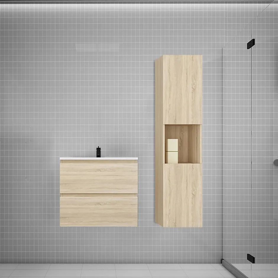 AICA Sanitaire Ensemble meuble vasque L.60cm chêne 2 tiroirs + lavabo + colonne