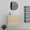 AICA Sanitaire Ensemble meuble vasque L.60cm 2 tiroirs + lavabo + LED miroir rond 60cm,chêne,modèle A* Ensemble Meuble De Salle De Bains