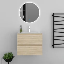 AICA Sanitaire Ensemble meuble vasque L.60cm 2 tiroirs + lavabo + LED miroir rond 60cm,chêne,modèle A* Ensemble Meuble De Salle De Bains