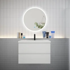 AICA Sanitaire Ensemble meuble vasque L.80cm 2 tiroirs + lavabo + LED miroir rond 70cm,blanc