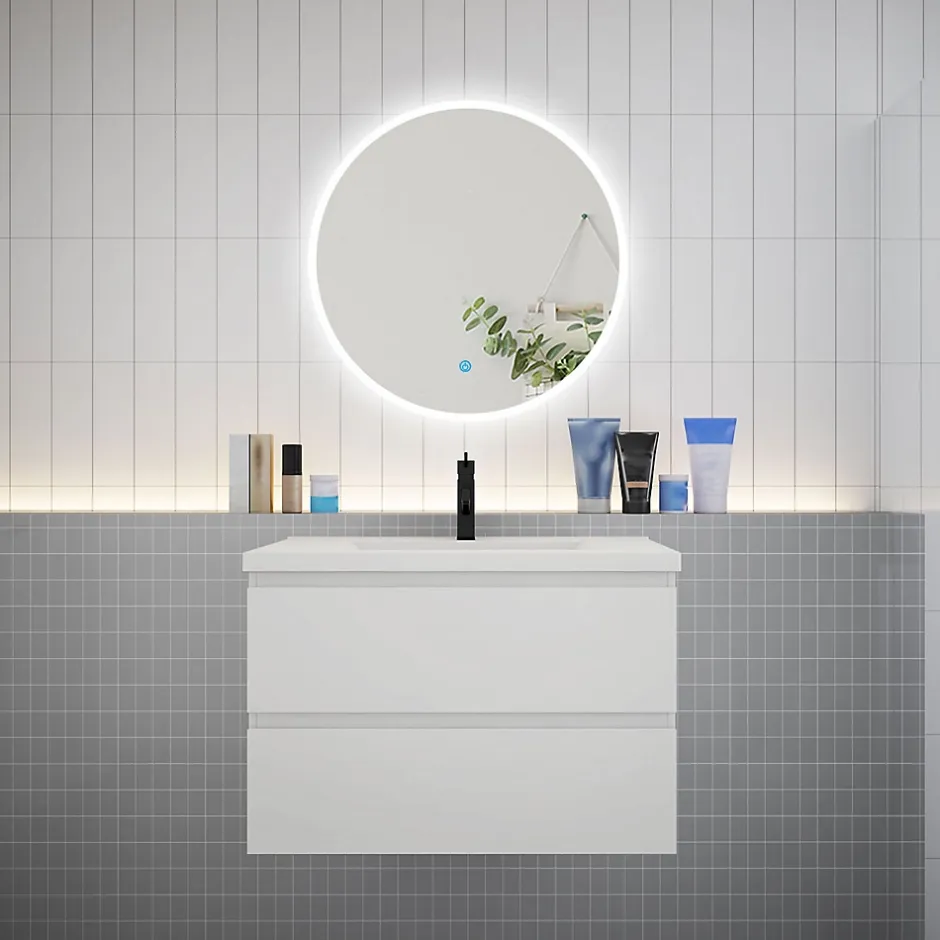 AICA Sanitaire Ensemble meuble vasque L.80cm 2 tiroirs + lavabo + LED miroir rond 70cm,blanc