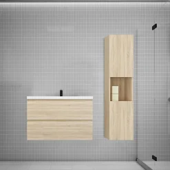 AICA Sanitaire Ensemble meuble vasque L.80cm chêne 2 tiroirs + lavabo + colonne* Ensemble Meuble De Salle De Bains