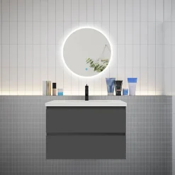 AICA Sanitaire Ensemble meuble vasque L.80cm 2 tiroirs + lavabo + LED miroir rond 60cm,anthracite* Ensemble Meuble De Salle De Bains