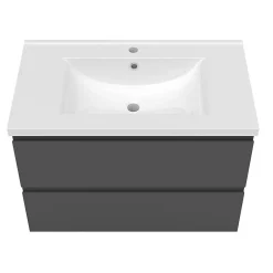 AICA Sanitaire Ensemble meuble vasque L.80cm 2 tiroirs + lavabo + LED miroir rond 60cm,anthracite* Ensemble Meuble De Salle De Bains