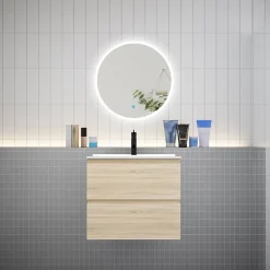AICA Sanitaire Ensemble meuble vasque L.60cm 2 tiroirs + lavabo + LED miroir rond 60cm,chêne* Ensemble Meuble De Salle De Bains