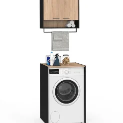IDMarket Ensemble meubles de buanderie WALLIS noir et bois façon hêtre pour machine à laver