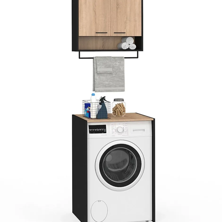 IDMarket Ensemble meubles de buanderie WALLIS noir et bois façon hêtre pour machine à laver