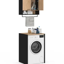 IDMarket Ensemble meubles de buanderie WALLIS noir et bois façon hêtre pour machine à laver