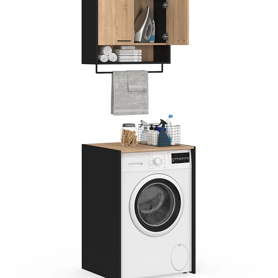 IDMarket Ensemble meubles de buanderie WALLIS noir et bois façon hêtre pour machine à laver