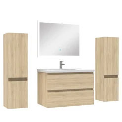 AICA Sanitaire Ensemble meubles Salle de Bain 80cm vasque + colonne x2 + LED miroir Chêne Wotan* Ensemble Meuble De Salle De Bains