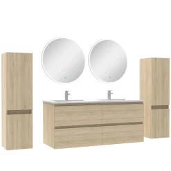 AICA Sanitaire Ensemble meubles Salle de Bain avec colonne + miroir rond mural 120cm meuble Chêne Wotan* Ensemble Meuble De Salle De Bains