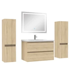 AICA Sanitaire Ensemble meubles Salle de Bain 80cm simple vasque + colonne + miroir lumineux Chêne Wotan