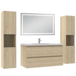 AICA Sanitaire Ensemble meubles Salle de Bain 100cm avec colonne et miroir lumineux 3 couleurs et dimmable Chêne Wotan