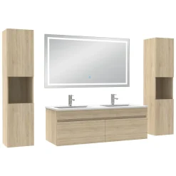 AICA Sanitaire Ensemble meubles Salle de Bain 120cm avec colonne + miroir lumineux 3 couleurs + dimmable Chêne Wotan