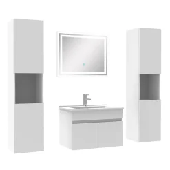 AICA Sanitaire Ensemble meubles Salle de Bain simple vasque 60cm, colonne x2 et miroir Blanc* Ensemble Meuble De Salle De Bains