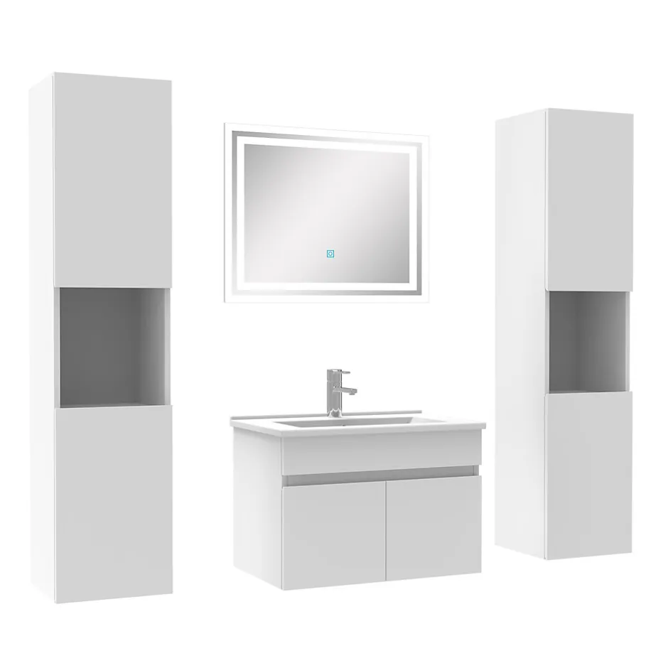 AICA Sanitaire Ensemble meubles Salle de Bain simple vasque 60cm, colonne x2 et miroir Blanc* Ensemble Meuble De Salle De Bains
