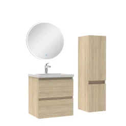 AICA Sanitaire Ensemble meubles Salle de Bain 50cm vasque + colonne + miroir rond lumineux Chêne Wotan* Ensemble Meuble De Salle De Bains