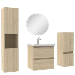AICA Sanitaire Ensemble meubles Salle de Bain 50cm simple vasque + colonne + miroir rond mural Chêne Wotan* Ensemble Meuble De Salle De Bains