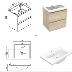 AICA Sanitaire Ensemble meubles Salle de Bain 50cm simple vasque + colonne + miroir rond mural Chêne Wotan* Ensemble Meuble De Salle De Bains