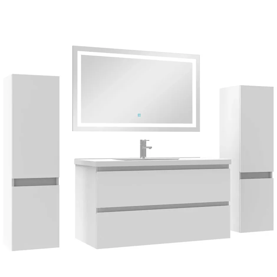AICA Sanitaire Ensemble meubles Salle de Bain 100cm simple vasque + colonne + miroir lumineux Blanc