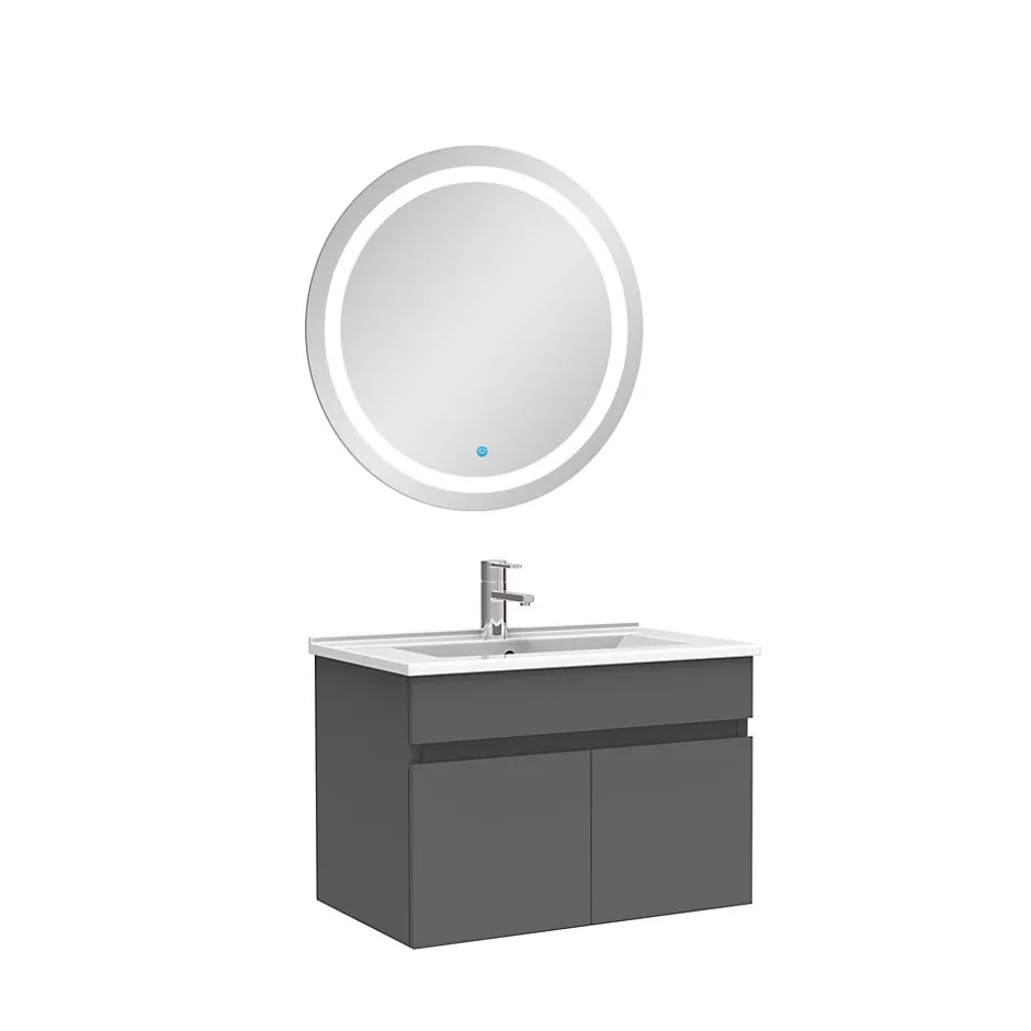 AICA Sanitaire Ensemble meubles Salle de Bain simple vasque 60cm + rond miroir lumineux Anthracite