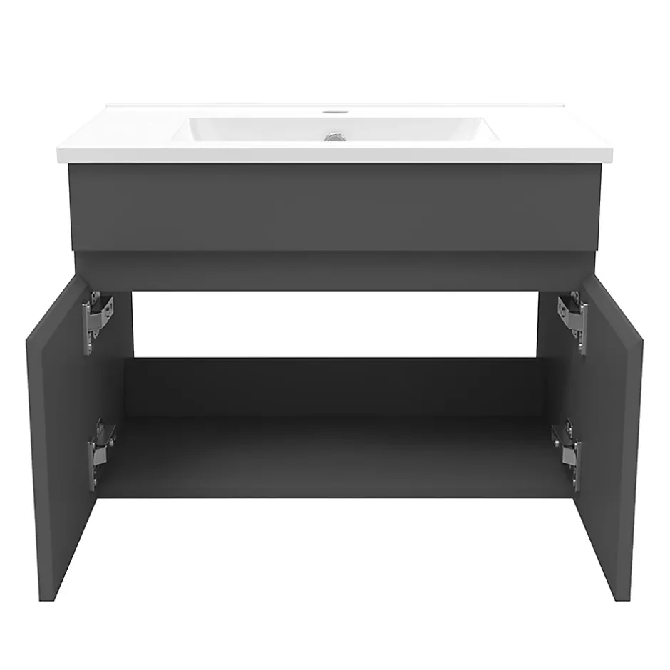AICA Sanitaire Ensemble meubles Salle de Bain simple vasque 60cm + rond miroir lumineux Anthracite