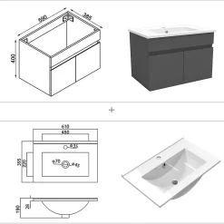 AICA Sanitaire Ensemble meubles Salle de Bain simple vasque 60cm + rond miroir lumineux Anthracite