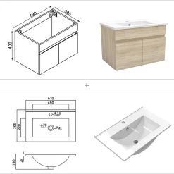 AICA Sanitaire Ensemble meubles Salle de Bain simple vasque 60cm + miroir lumineux Chêne Wotan