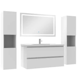 AICA Sanitaire Ensemble meubles Salle de Bain 100cm vasque + colonne + miroir lumineux Blanc