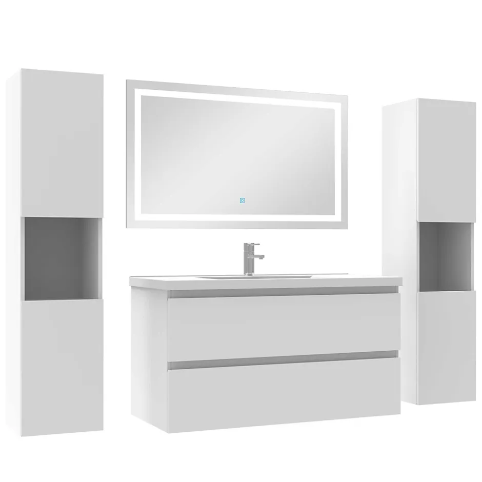 AICA Sanitaire Ensemble meubles Salle de Bain 100cm vasque + colonne + miroir lumineux Blanc