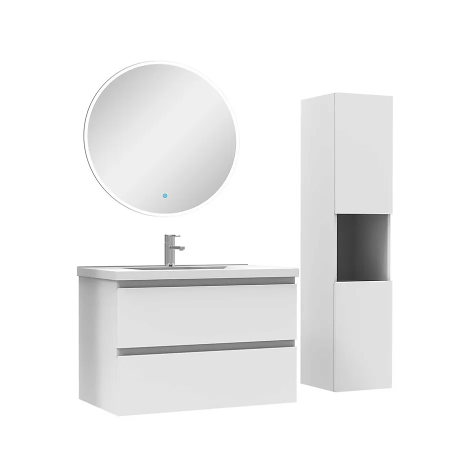 AICA Sanitaire Ensemble meubles simple vasque 80cm,colonne + miroir rond lumineux Blanc* Ensemble Meuble De Salle De Bains