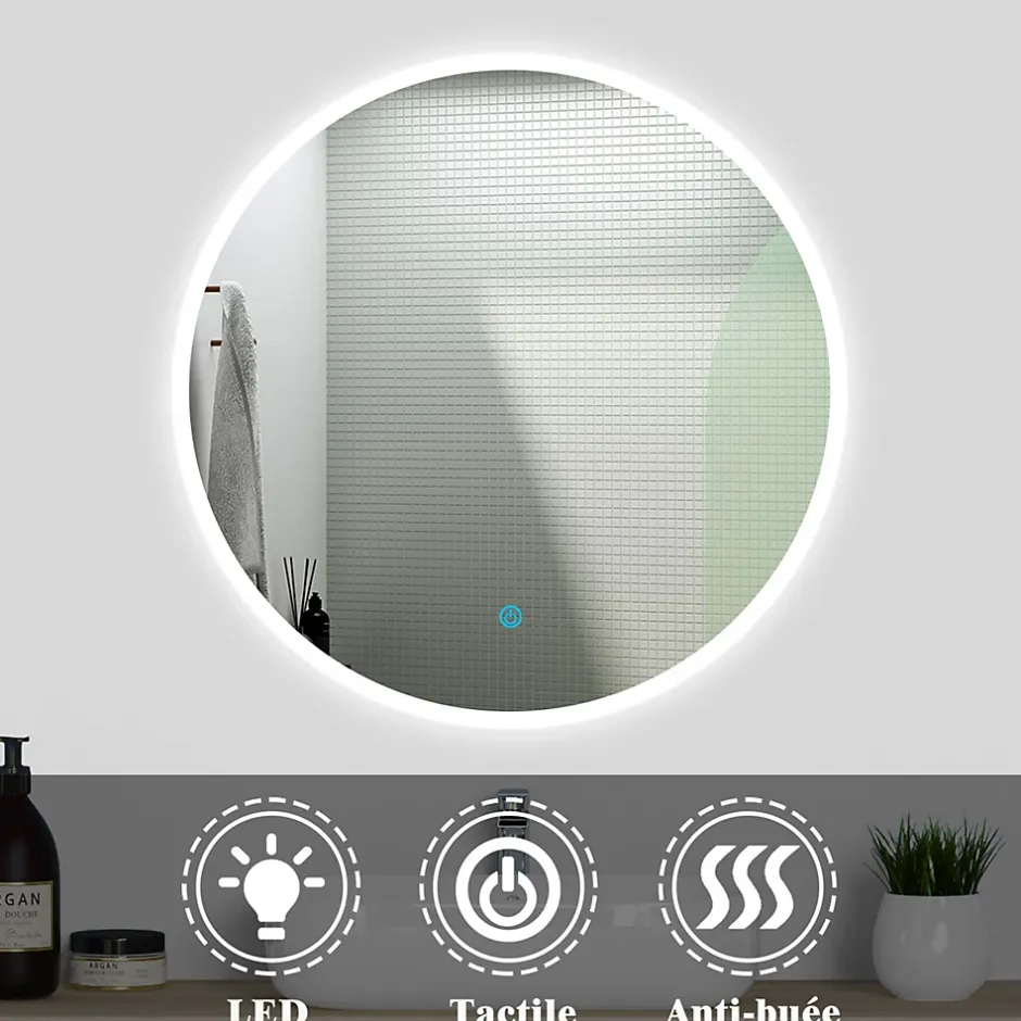 AICA Sanitaire Ensemble meubles simple vasque 80cm,colonne + miroir rond lumineux Blanc* Ensemble Meuble De Salle De Bains