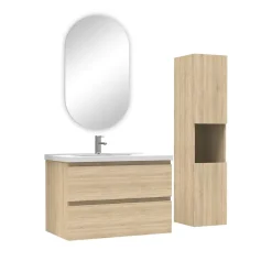 AICA Sanitaire Ensemble meubles simple vasque 80cm,colonne + miroir ovale Chêne Wotan* Ensemble Meuble De Salle De Bains