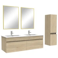 AICA Sanitaire Ensemble Salle De Bain 120cm Chêne Wotan meuble et miroir et colonne et double vasque