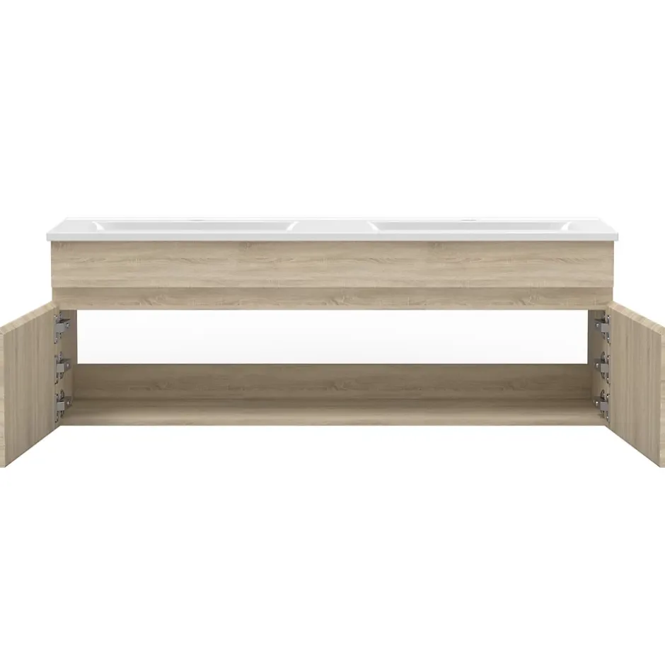 AICA Sanitaire Ensemble Salle De Bain 120cm Chêne Wotan meuble et miroir et colonne et double vasque
