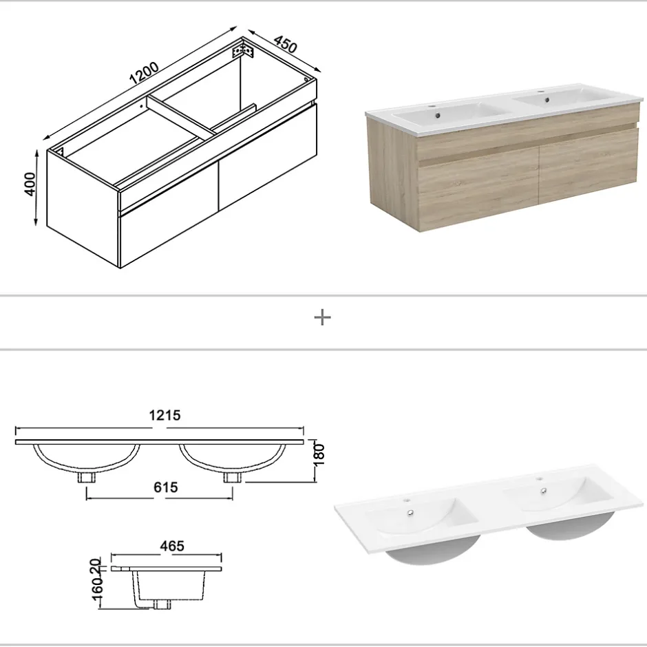 AICA Sanitaire Ensemble Salle De Bain 120cm Chêne Wotan meuble et miroir et colonne et double vasque