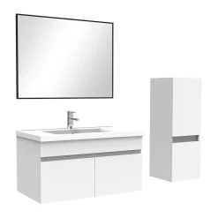 AICA Sanitaire Ensemble Salle De Bain 80cm Blanc meuble + miroir + colonne + simple vasque* Ensemble Meuble De Salle De Bains