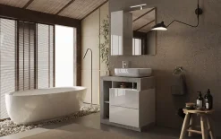 Autres Ensemble salle de bain meuble+miroir+vasque HAMBURG blanc brillant, béton 79 x 79 x 49 cm* Meuble De Salle De Bains Faible Profondeur