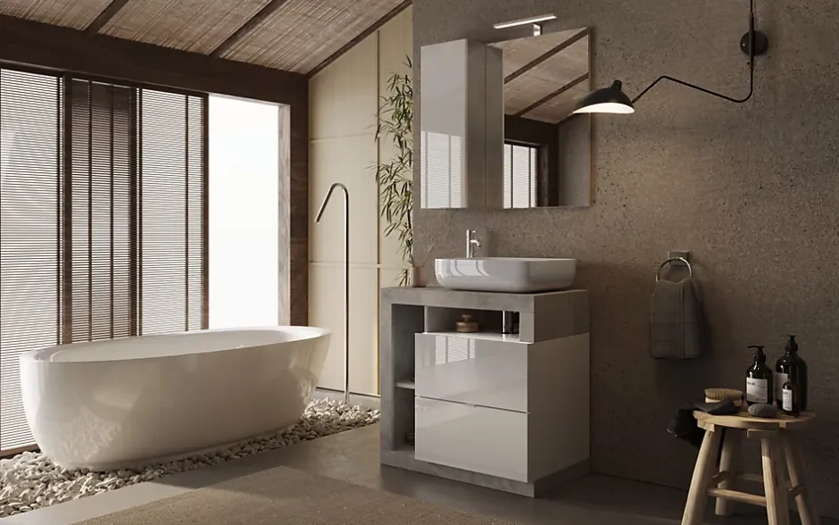 Autres Ensemble salle de bain meuble+miroir+vasque HAMBURG blanc brillant, béton 79 x 79 x 49 cm* Meuble De Salle De Bains Faible Profondeur